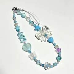 ビーズストラップ　リボン　ブルー