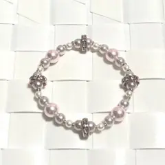 ハンドメイド ブレスレット ビーズ ピンク 白 ピンクゴールド色 ゴム伸縮