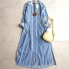 美品 マイラン MYLAN リネン素材ストライプマキシキャミワンピース