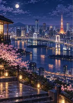 【イラスト】東京の夜景と桜 アートポスター