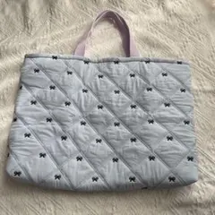 リボン刺繍のブルー手提げバッグ　ハンドメイド