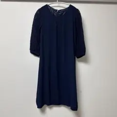 紺 ワンピース 膝丈 袖レース