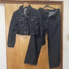 ダークデニム クロップドジャケットとパンツセット