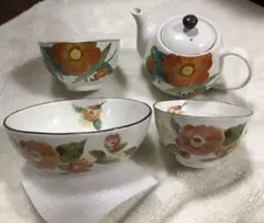 アンド藍　&藍　花柄　陶器 4点セット　ポット　茶碗　湯呑み　鉢　美濃焼　新品