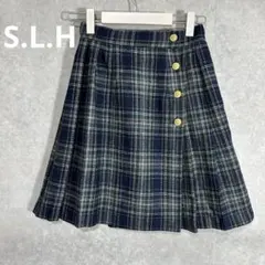 S.L.H チェックミニスカート　グリーン　ネイビー　金ボタン　美品　カレッジ風