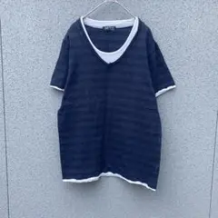 2731【ビームスハート】Vネック Tシャツ 重ね着風 ネイビー コットン