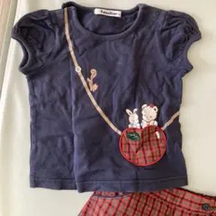 familiar 90 ネイビーTシャツとチェックショートパンツセット