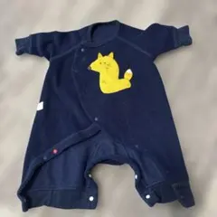 ネイビー フリースロンパース イエロー狐刺繍　裏起毛