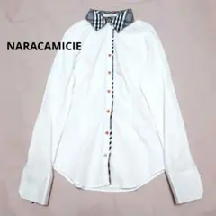 ナラカミーチェ チェック切替 長袖シャツ ホワイト オレンジボタン ストレッチのサムネイル
