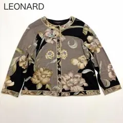 Y241 美品 L レオナール 金ボタン ボタニカル 鳥 カーデ レディース