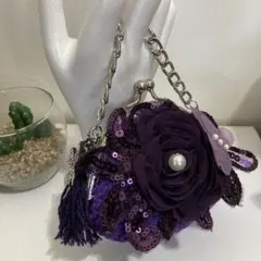 2way仕様❣️おしゃれがま口ポーチ　パープルフラワー