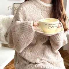 モヘア混ハート柄透かし編みニットプルオーバー moment+ ベージュ М