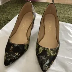 美品　Le Talon 花柄 太ヒール　パンプス　布地　スエード　22.5㎝