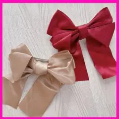 サテン リボン バレッタ ヘアピン 大きめ 2個セット 蝶結び 赤 ベージュ