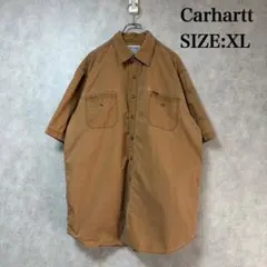 カーハート 革 ロゴタグ 胸ポケット 半袖 ワークシャツ ベージュ XL