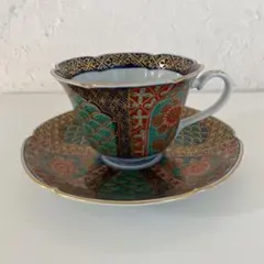 有田焼　幸楽窯　染錦間取地紋カップ＆ソーサー