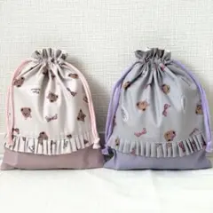 入園入学　給食セット　給食袋　2点　＊　ハンドメイド　くま柄　ピンク