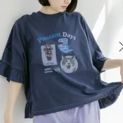 ニコアンド　フリルアソートキャットTシャツ　ネイビー　Ｍ　猫　半袖