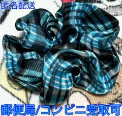 【匿名配送】セリア シュシュ チェック柄 水色 青 黒 白 ヘアゴム レディースのサムネイル