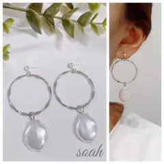 257＊キラキラフープと淡水風パールのピアス