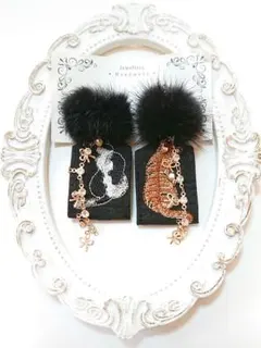 ミンクファー インド刺繍リボン猫　ピアスorイヤリング