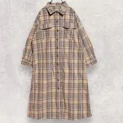 チェック シャツワンピース M ベージュ 綿100 ロング 七分袖