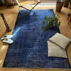 美品120×191 ブルーオーバーダイ　メダリオン　トルコヴィンテージラグ