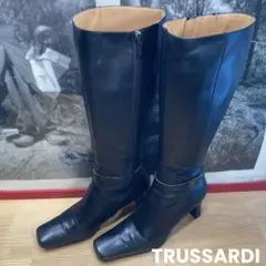 TRUSSARDI スクエアトゥ ロングレザーブーツ ブラック 日本製