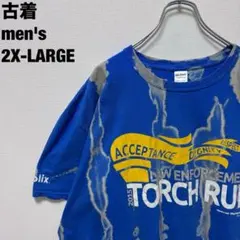 古着 ギルダン Tシャツ ブリーチ 奇抜 企業ロゴ ビッグサイズ ブルー 2XL