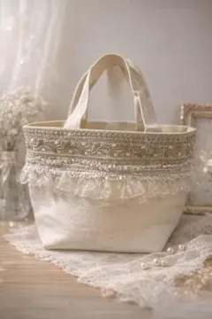 【美品】インド刺繍リボン　ミニトート　フリル　ママバック　ランチ　ハンドメイド