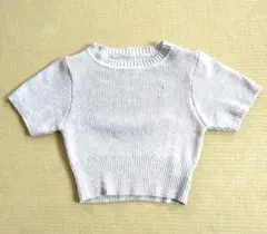 グレー リブ編み 半袖ニット ショート丈