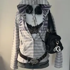 ❤︎00s グランジ 平成ギャル マクブリング 英字プリントボーダージップパーカー