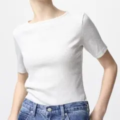 UNIQLO ユニクロ リブボートネックT/5分袖 ライトグレー L