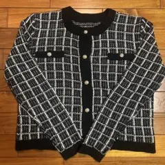 チェック柄 パールボタン ニットカーディガン