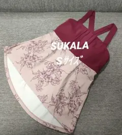 ㉑【美品】SUKALAスカーラ 花柄フレア タンクトップ M モカピンク 
