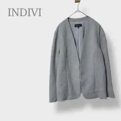 【インディヴィ】ノーカラージャケット　オフィス　フォーマル　日本製　グレー