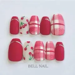 さくらんぼネイル チェック ブランケットネイル バレンタイン ガーリー【114】