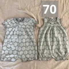 双子コーデ　おそろ 70 ロンパース　カバーオール　水玉　グレー