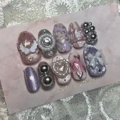 【No.519】現品販売 ネイルチップ 紫 ピンク リボン 星 羽 ハート