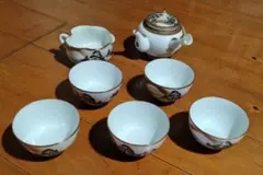 明治〜大正 九谷焼 赤金 金彩山水画茶器セット（急須、湯冷まし、湯呑み5個）