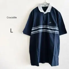 【Crocodile】 ポロシャツ 半袖 ネイビー L メンズ パネルボーダー