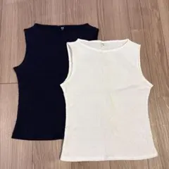 UNIQLO シャーリングボートネックTノースリーブ　S 白ネイビーセット
