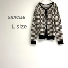 グラシア レディース ボーダーカーディガン キラキラボタン ベージュ✖️ブラック
