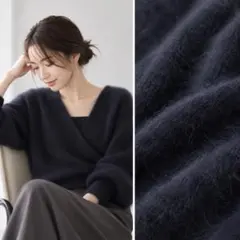 美品 NOBLE ラクーンニットカシュクールプルオーバー ネイビー