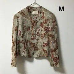 総柄ノーカラージャケット レディース 9号 レトロ　M バブリー　ヴィンテージ