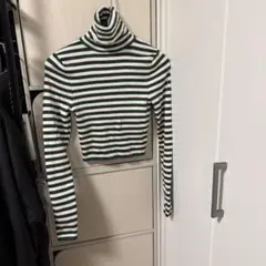 ZARA 緑と白のストライプ タートルネック
