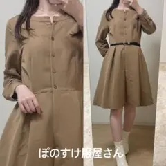美品✨タック入りシャツワンピース　ブラウン　Aライン　ノーカラー　Sサイズ 長袖