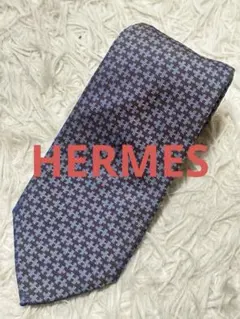 HERMES シルク100% ネクタイ Hパズル柄 ピンク×ブルー バイカラー