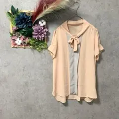 506【オペーク】半袖　ボウタイ シフォントップス　（Ｍ）　バイカラー　オフィス