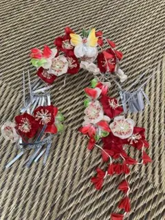 七五三 髪飾りセット 赤とピンクの花